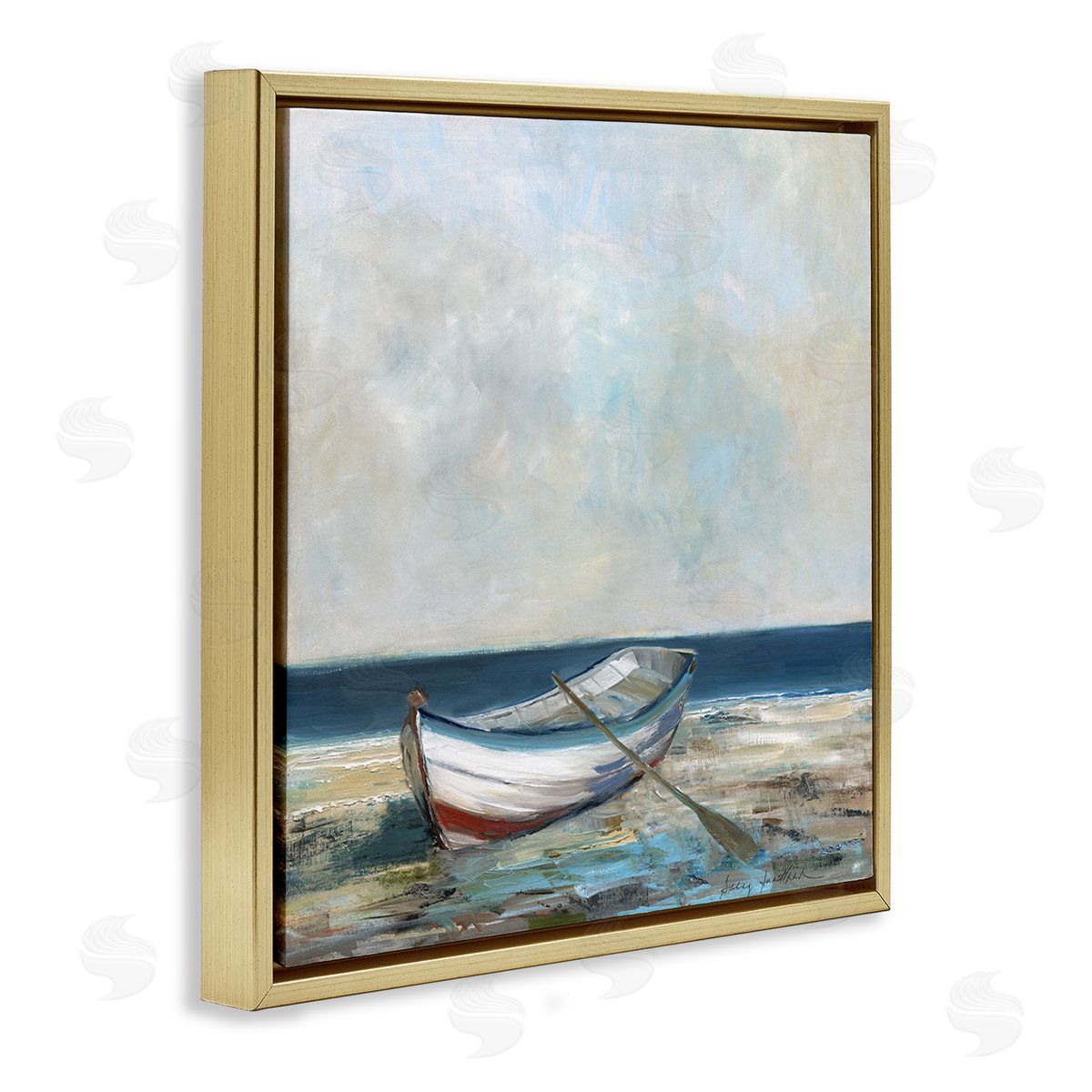 Boat & Oar on Shore Gold Floating Frame Canvas Wall Art, Home Decor by Sally Swatland