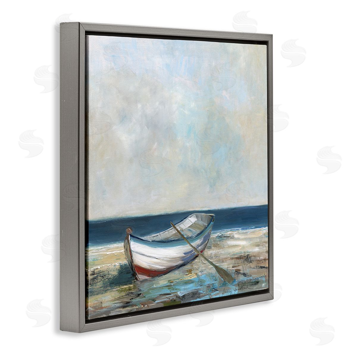 Boat & Oar on Shore Grey Floating Frame Canvas Wall Art, Home Decor by Sally Swatland