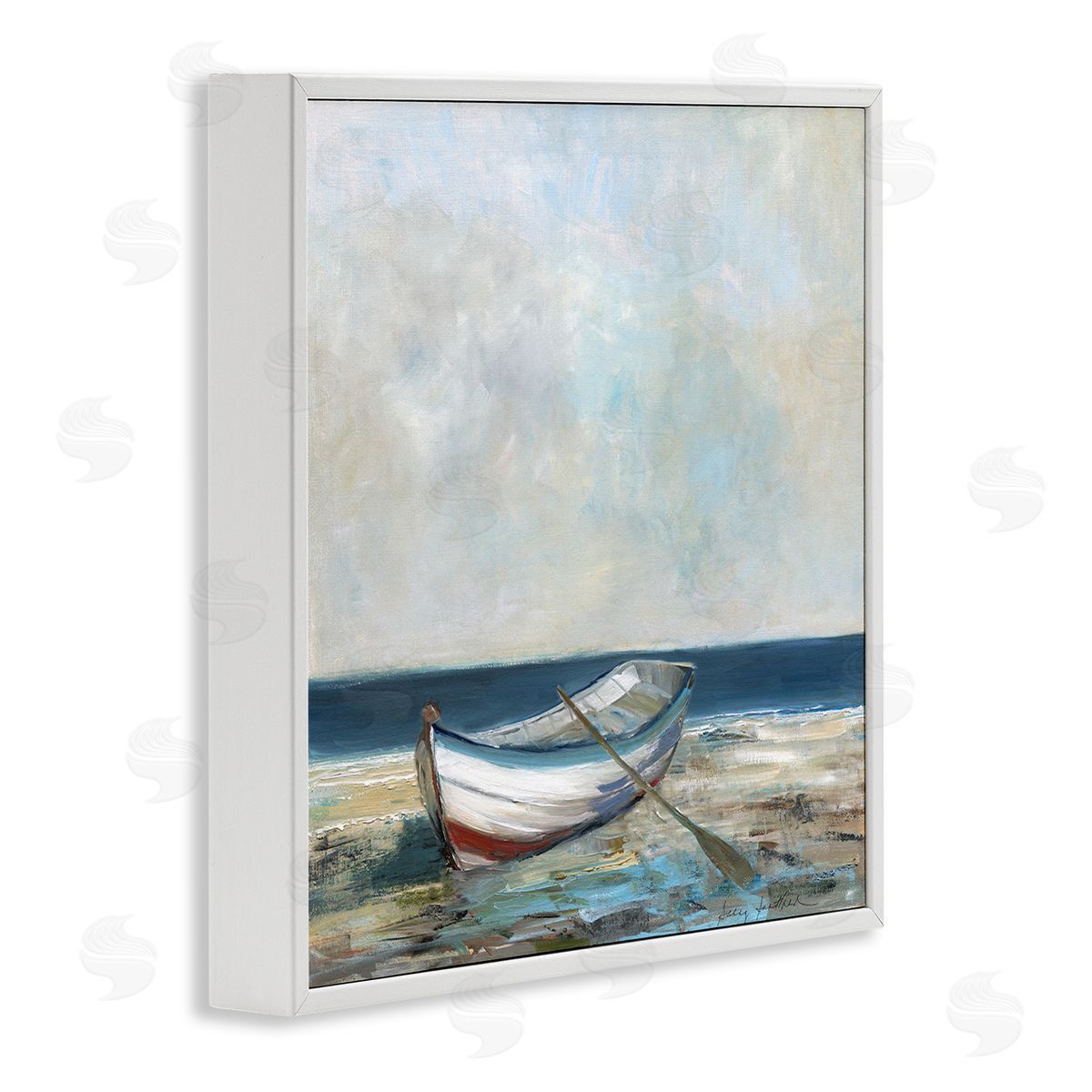 Boat & Oar on Shore White Frame Print Wall Art, Home Decor by Sally Swatland