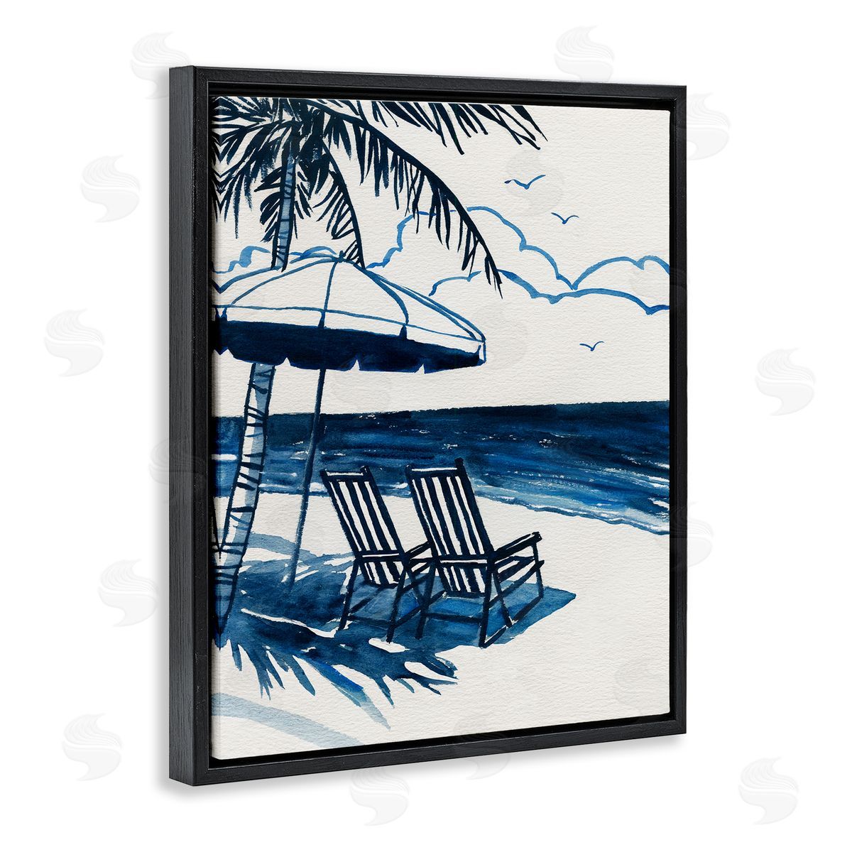 Blue Toned Tropical Beach Scene Black Floating Frame Canvas Wall Art, Home Decor by Carol Robinson