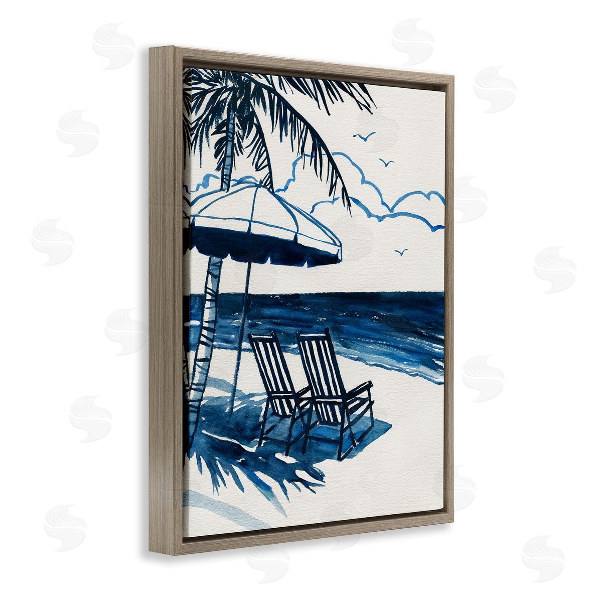 Blue Toned Tropical Beach Scene Brown Floating Frame Canvas Wall Art, Home Decor by Carol Robinson