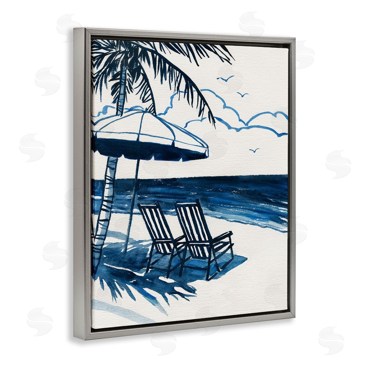 Blue Toned Tropical Beach Scene Grey Floating Frame Canvas Wall Art, Home Decor by Carol Robinson