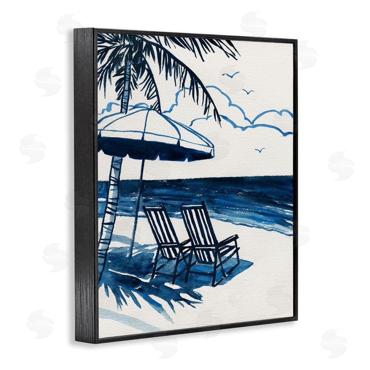 Blue Toned Tropical Beach Scene Black Frame Print Wall Art, Home Decor by Carol Robinson