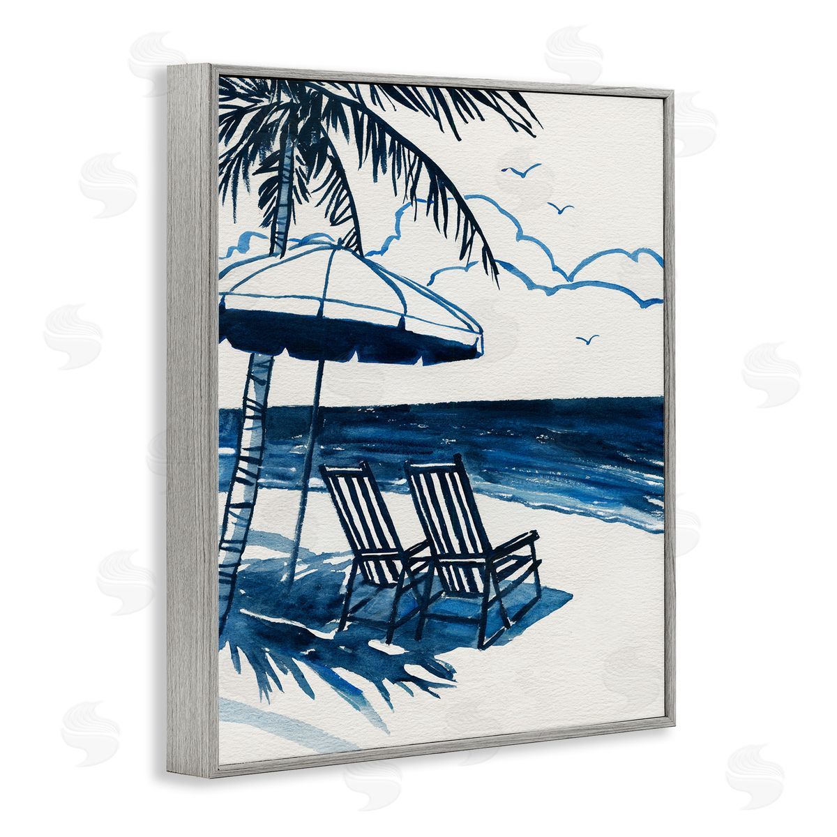 Blue Toned Tropical Beach Scene Grey Frame Print Wall Art, Home Decor by Carol Robinson