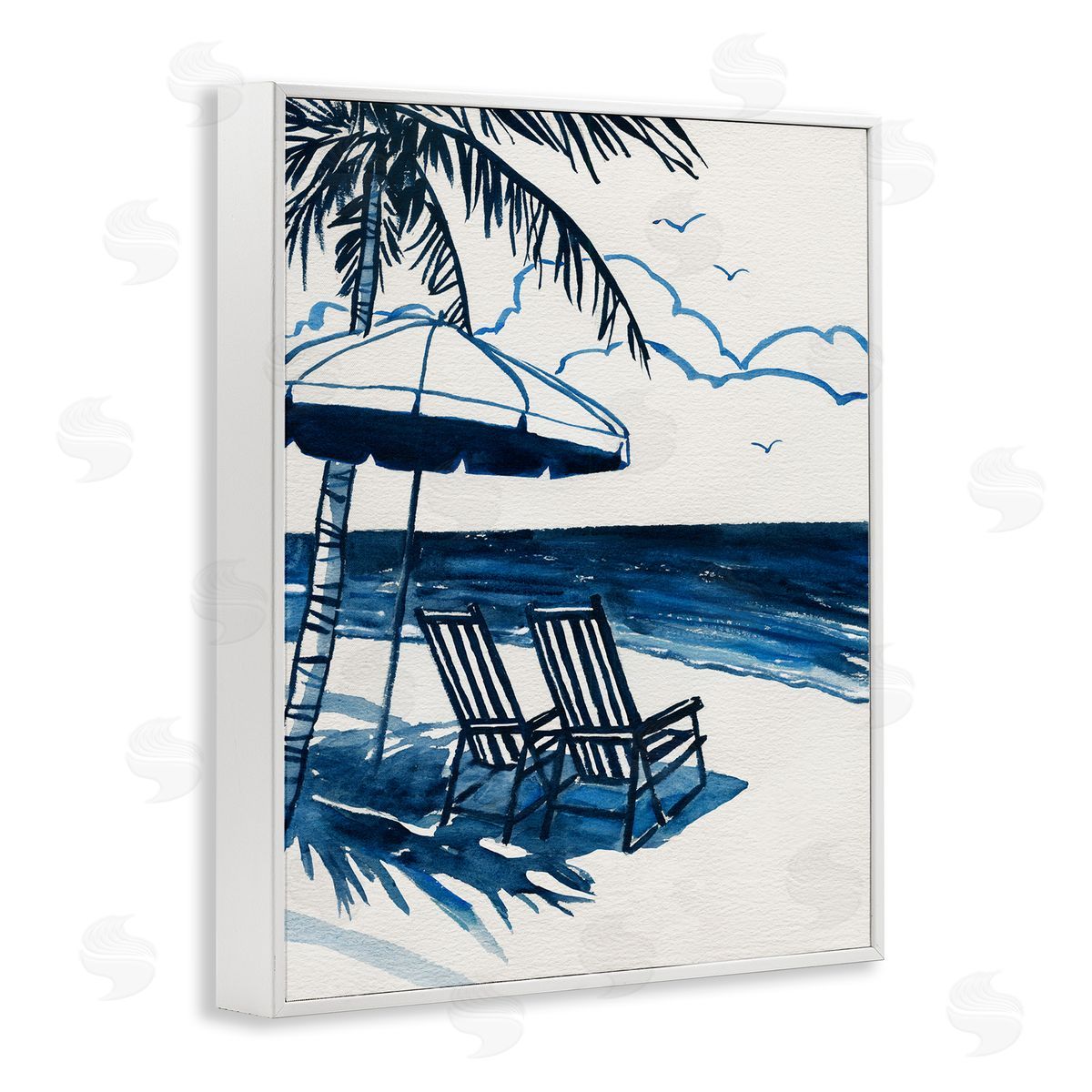 Blue Toned Tropical Beach Scene White Frame Print Wall Art, Home Decor by Carol Robinson