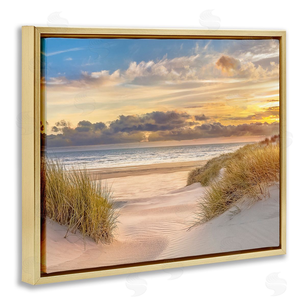 Serene Beach Between Dunes Gold Floating Frame Canvas Wall Art, Home Decor by Mike Calascibetta