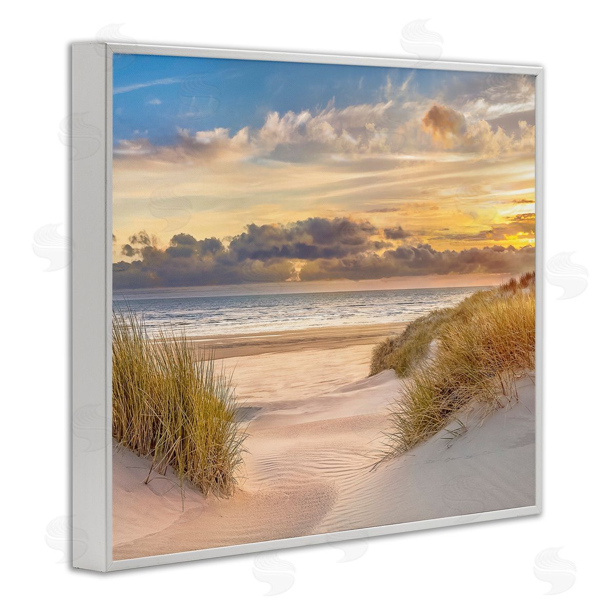 Serene Beach Between Dunes White Frame Print Wall Art, Home Decor by Mike Calascibetta