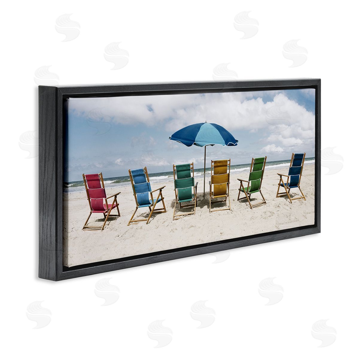 Colorful Beach Chairs Black Floating Frame Canvas Wall Art, Home Decor by Natalie Carpentieri