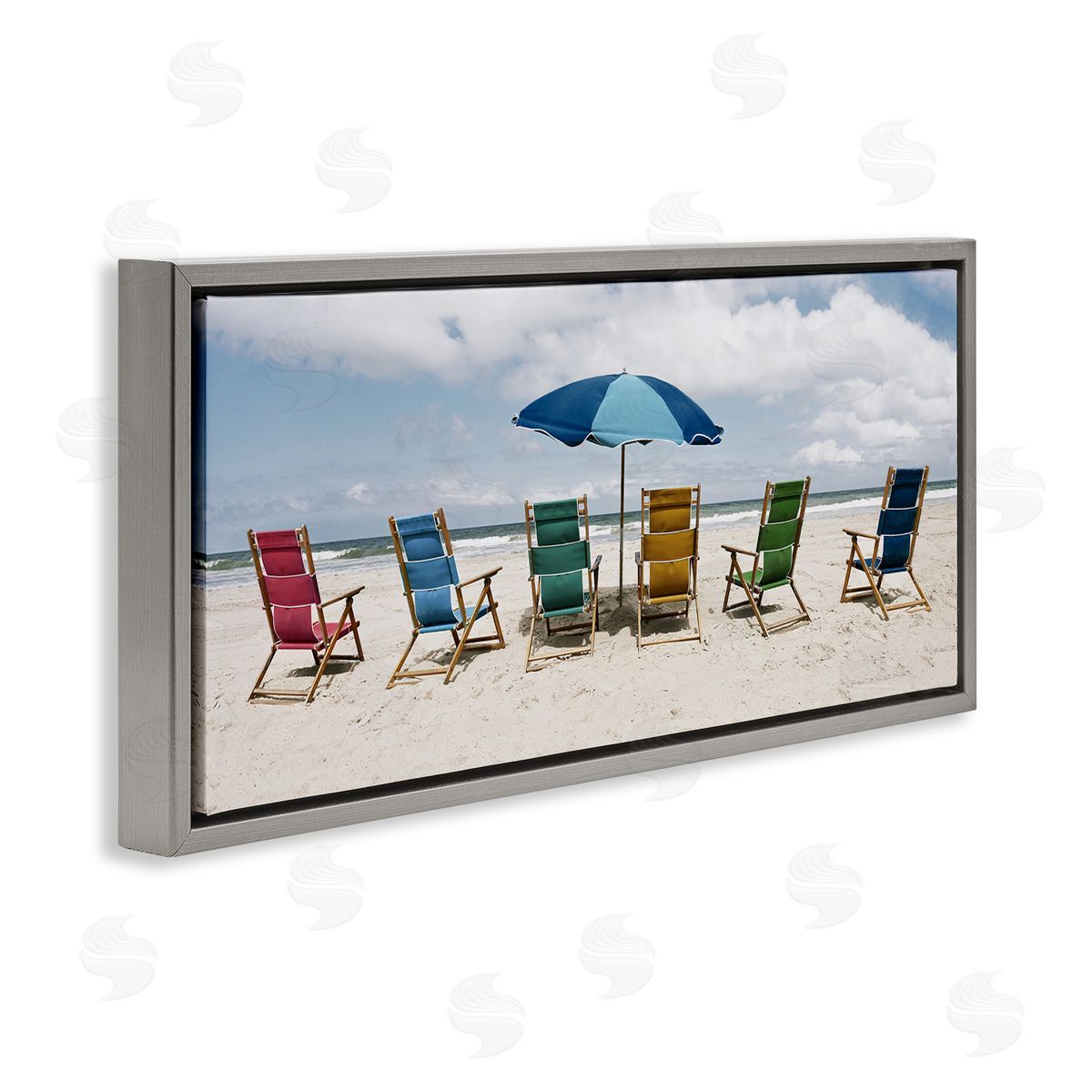 Colorful Beach Chairs Grey Floating Frame Canvas Wall Art, Home Decor by Natalie Carpentieri
