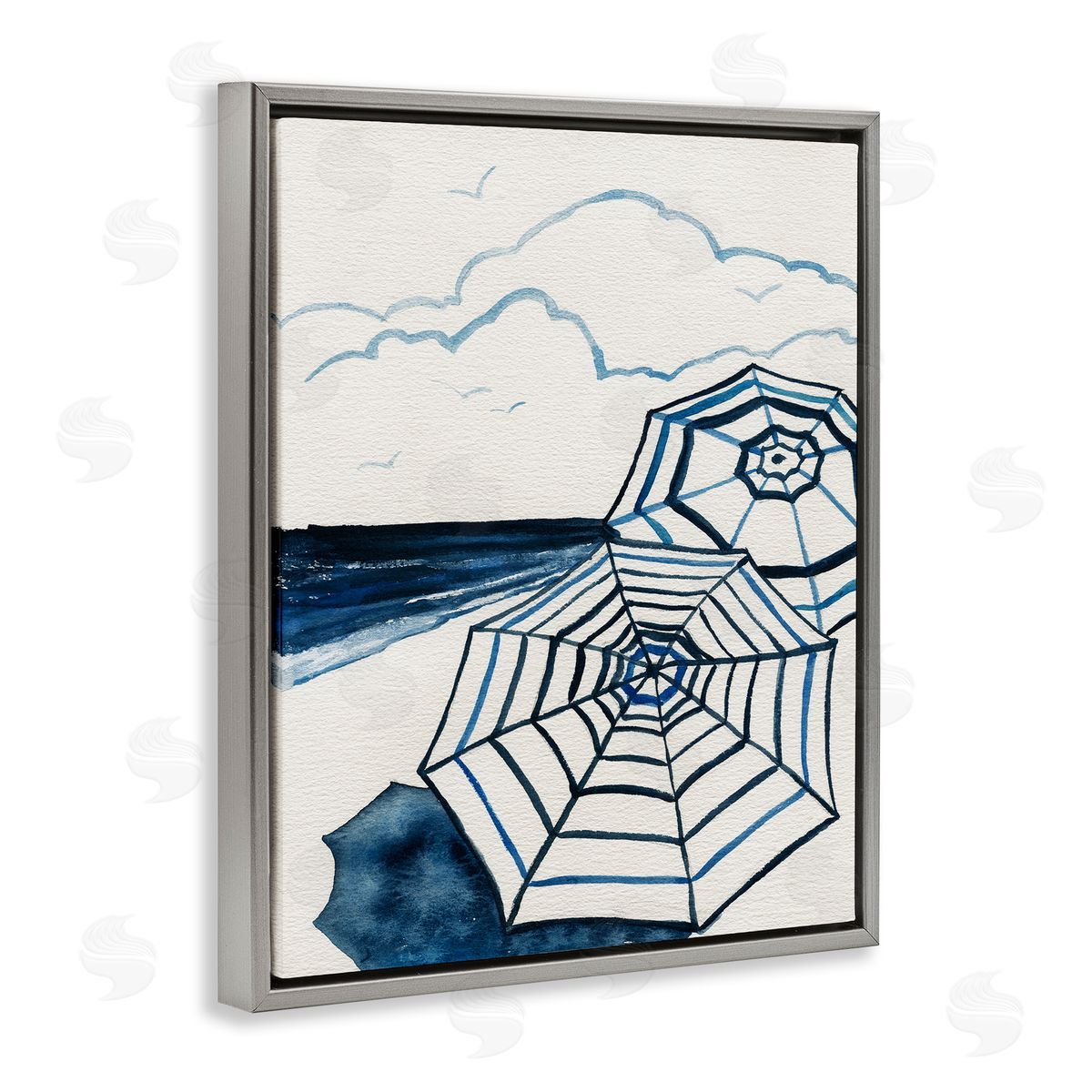 Umbrellas on Minimal Beach Grey Floating Frame Canvas Wall Art, Home Decor by Carol Robinson