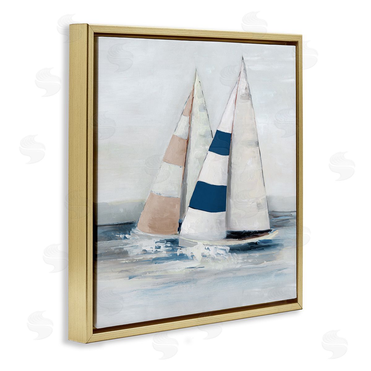 Striped Sailboat Duo Gold Floating Frame Canvas Wall Art, Home Decor by Sally Swatland