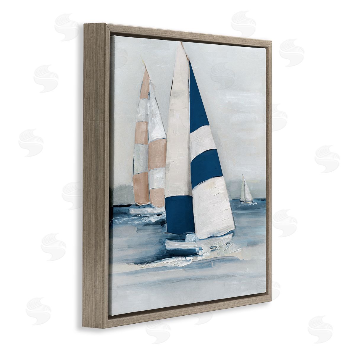 Striped Sailboat Voyage Brown Floating Frame Canvas Wall Art, Home Decor by Sally Swatland