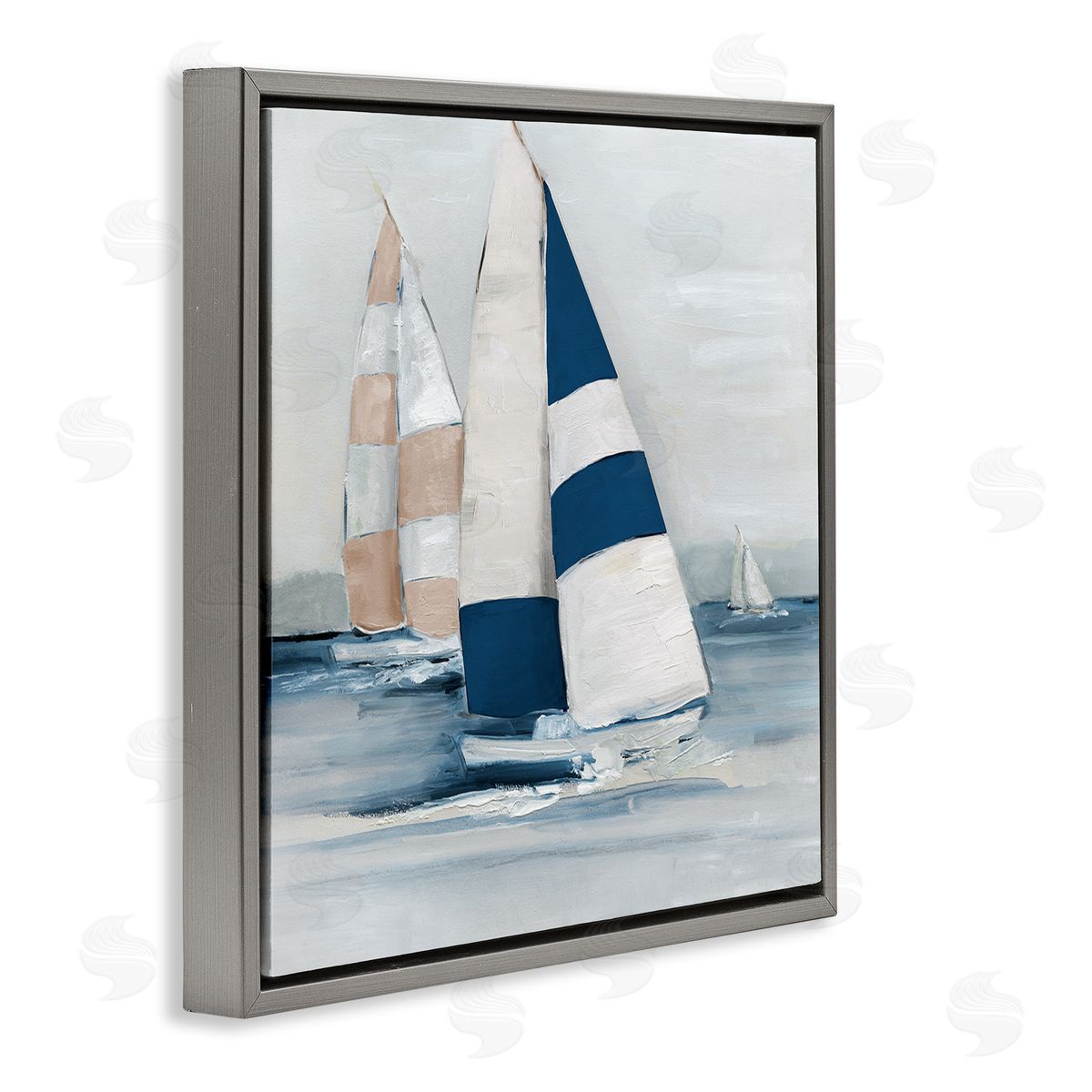 Striped Sailboat Voyage Grey Floating Frame Canvas Wall Art, Home Decor by Sally Swatland
