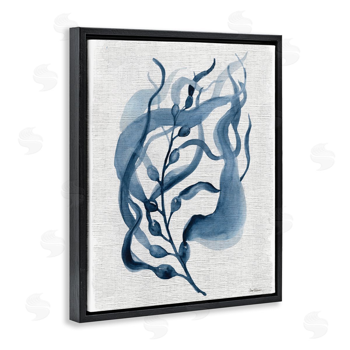 Fluid Blue Herb Leaf Black Floating Frame Canvas Wall Art, Home Decor by Carol Robinson