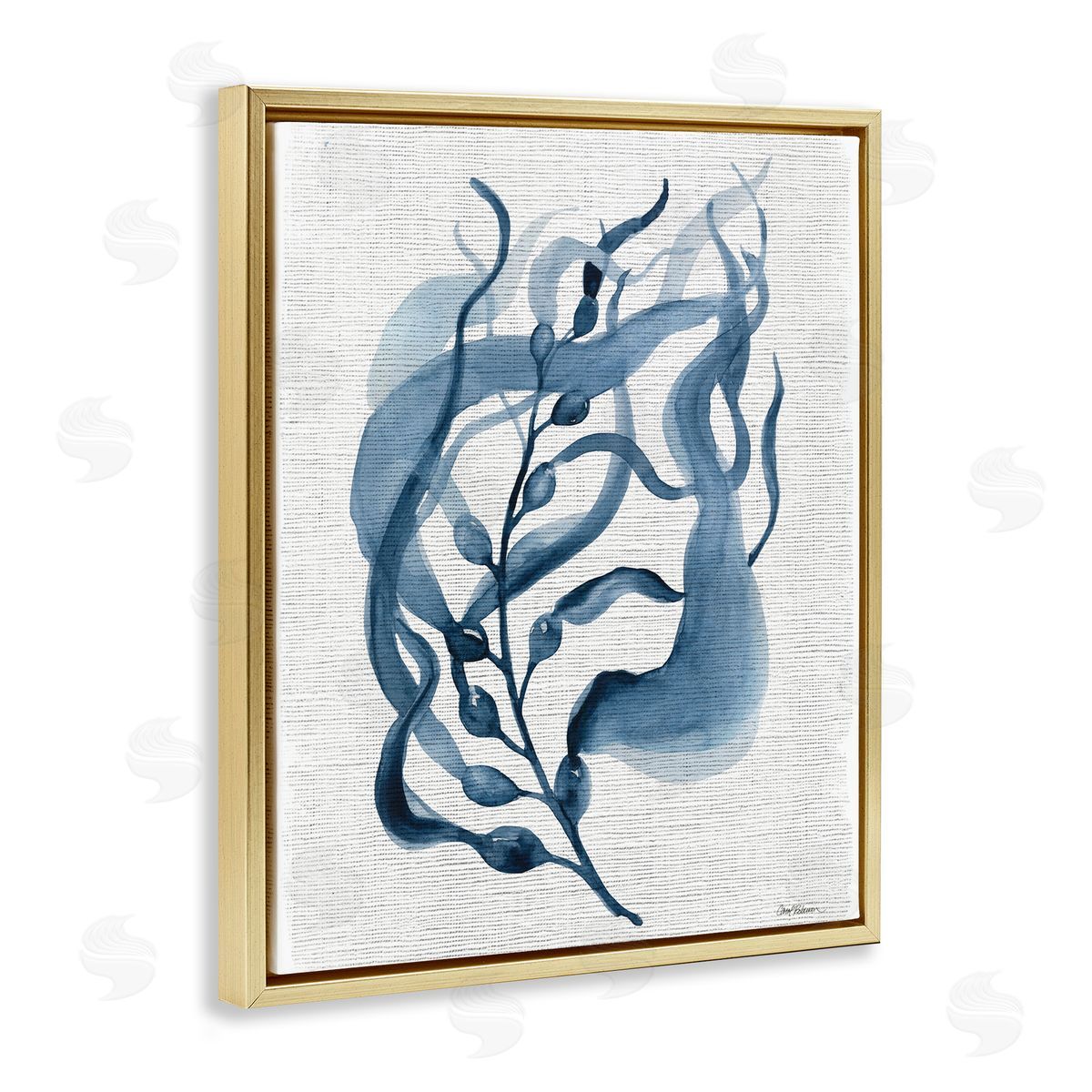Fluid Blue Herb Leaf Gold Floating Frame Canvas Wall Art, Home Decor by Carol Robinson