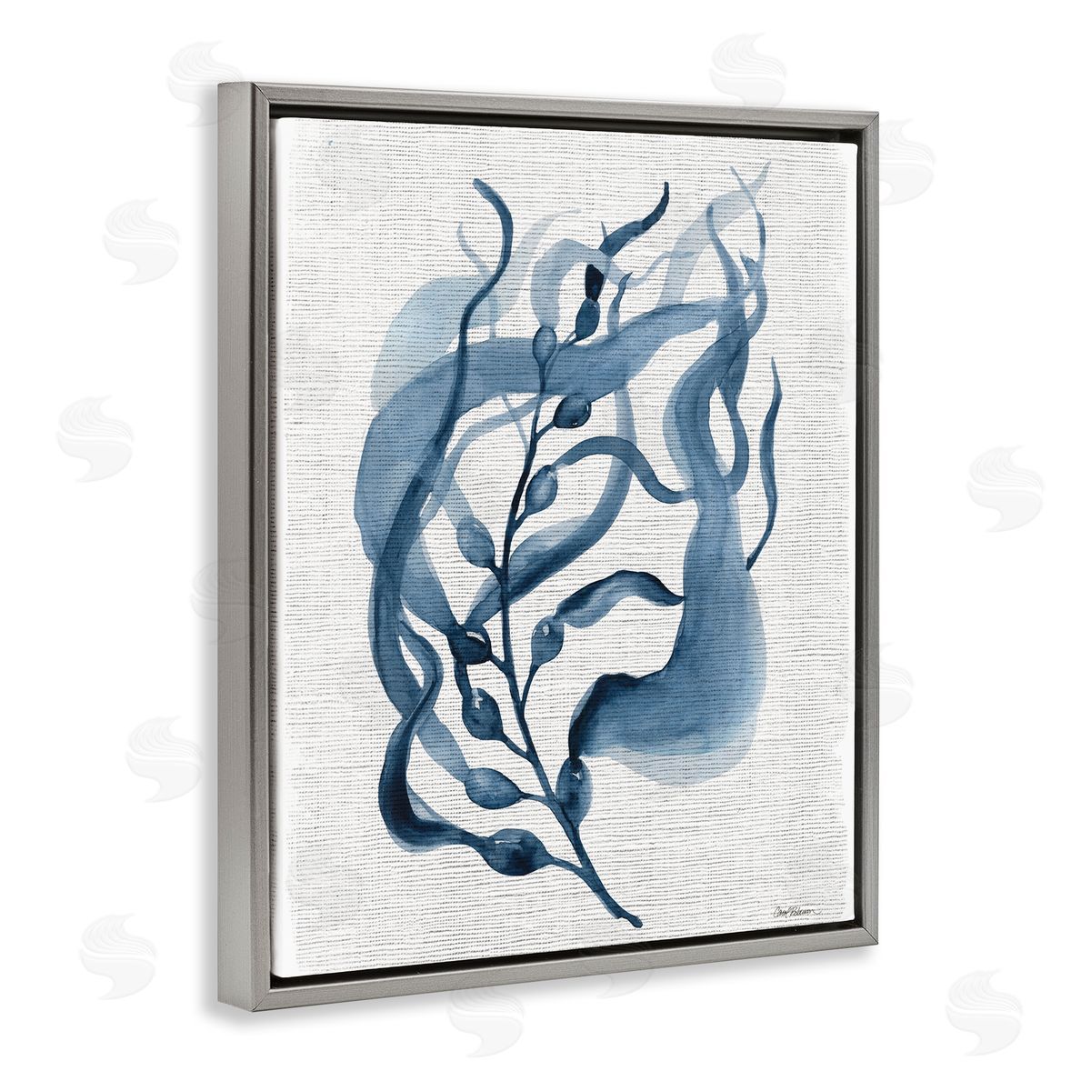 Fluid Blue Herb Leaf Grey Floating Frame Canvas Wall Art, Home Decor by Carol Robinson