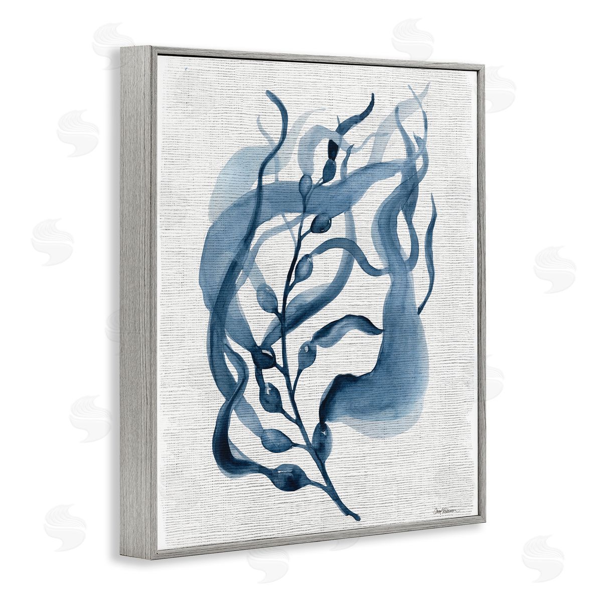 Fluid Blue Herb Leaf Grey Frame Print Wall Art, Home Decor by Carol Robinson