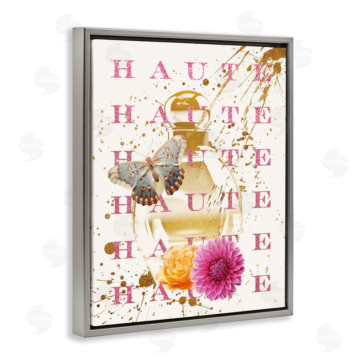 Haute Perfume & Gold Splatter Grey Floating Frame Canvas Wall Art, Home Decor by Susan Arnot