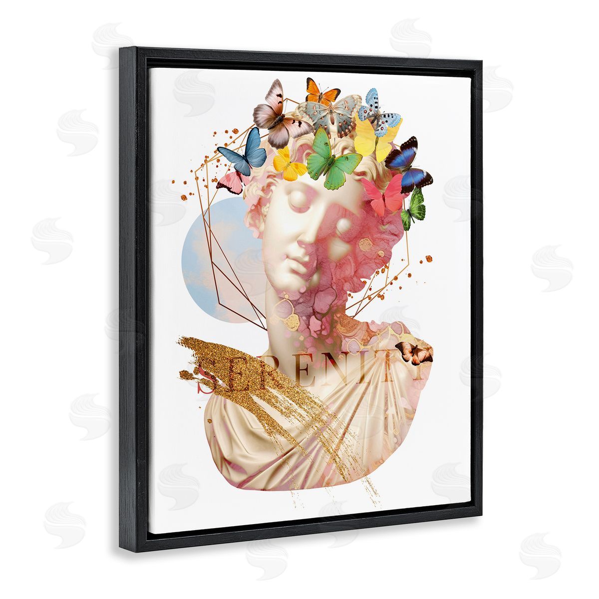Serenity Statue Collage Black Floating Frame Canvas Wall Art, Home Decor by Susan Arnot
