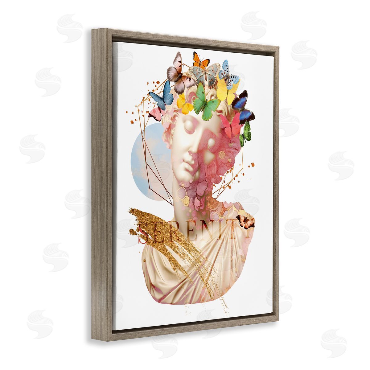 Serenity Statue Collage Brown Floating Frame Canvas Wall Art, Home Decor by Susan Arnot