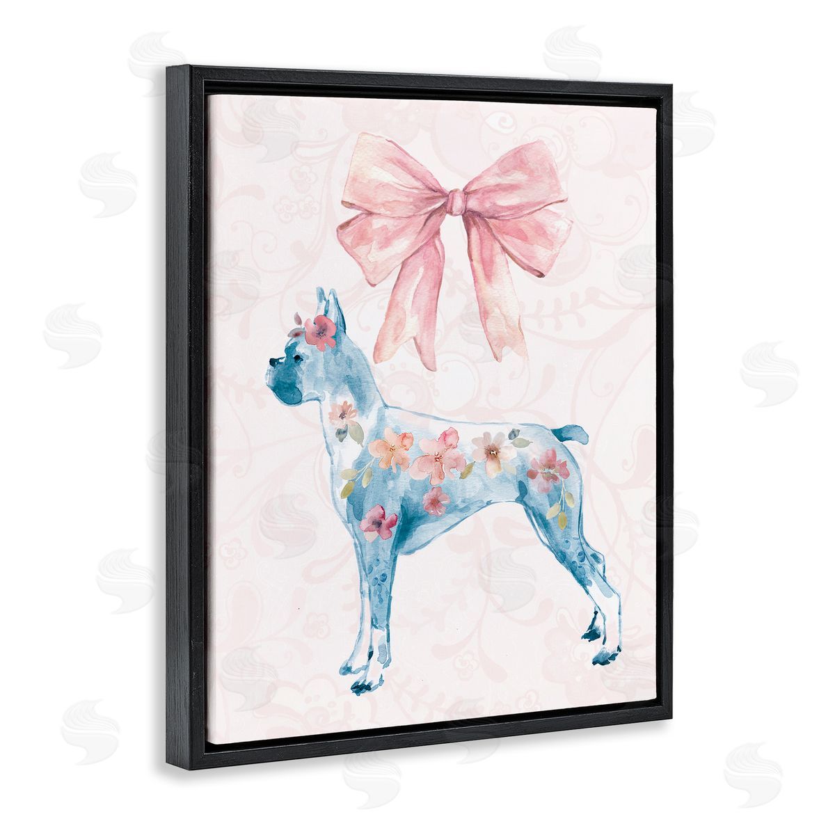 Trendy Floral Dog Black Floating Frame Canvas Wall Art, Home Decor by Carol Robinson