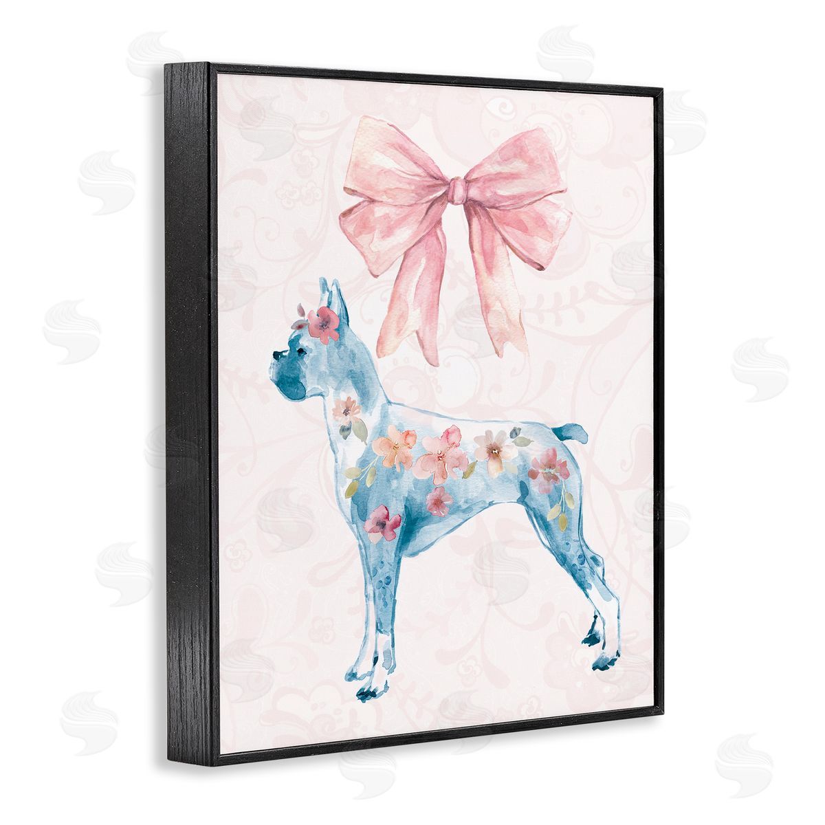 Trendy Floral Dog Black Frame Print Wall Art, Home Decor by Carol Robinson