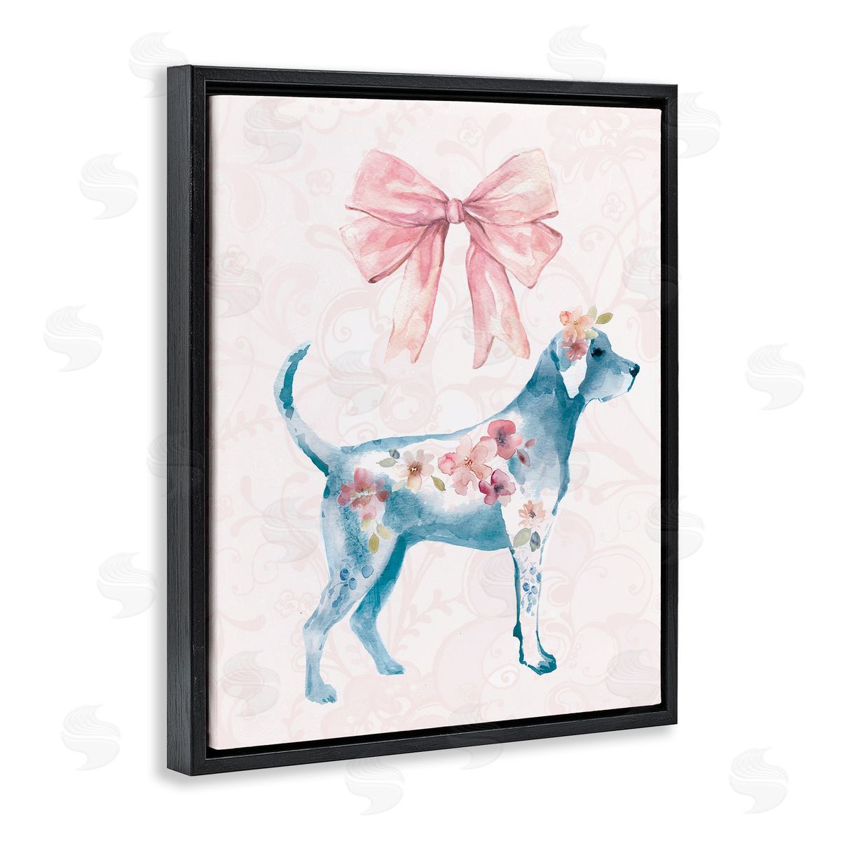 Floral Dog with Pink Ribbon Black Floating Frame Canvas Wall Art, Home Decor by Carol Robinson