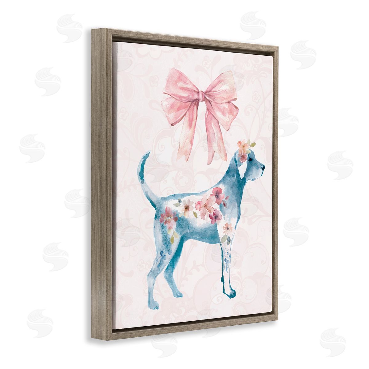 Floral Dog with Pink Ribbon Brown Floating Frame Canvas Wall Art, Home Decor by Carol Robinson