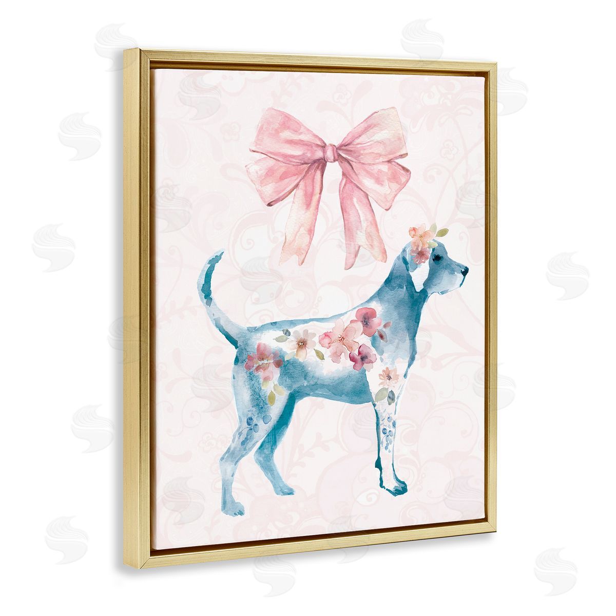 Floral Dog with Pink Ribbon Gold Floating Frame Canvas Wall Art, Home Decor by Carol Robinson