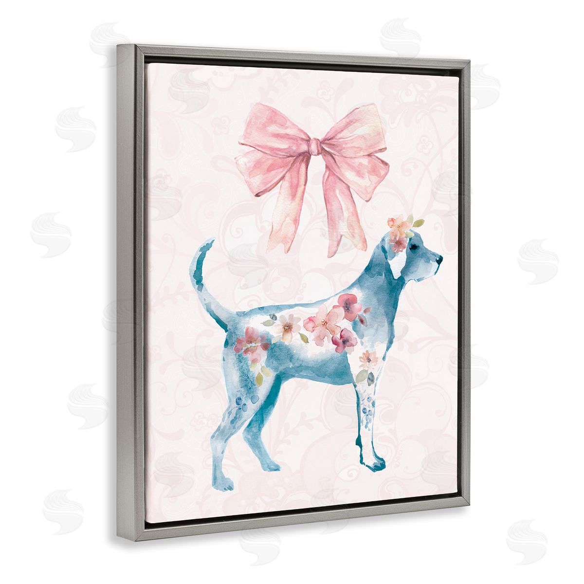 Floral Dog with Pink Ribbon Grey Floating Frame Canvas Wall Art, Home Decor by Carol Robinson