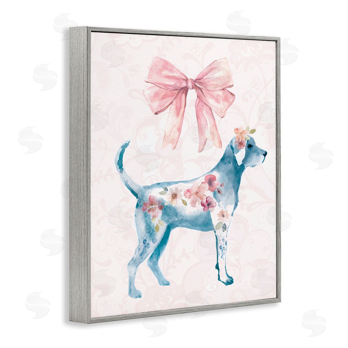 Floral Dog with Pink Ribbon Grey Frame Print Wall Art, Home Decor by Carol Robinson