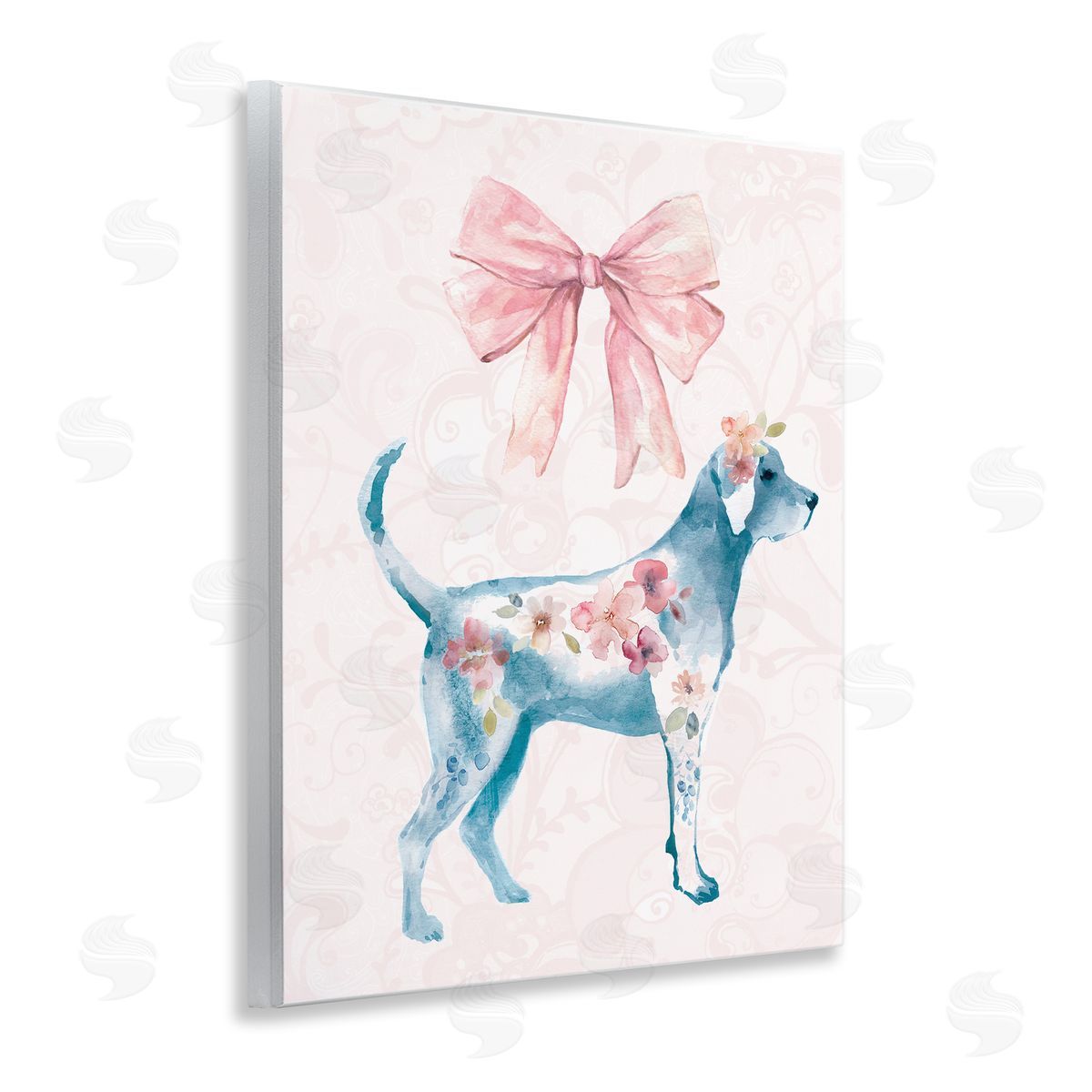 Floral Dog with Pink Ribbon Wood Plaque Wall Art, Home Decor by Carol Robinson