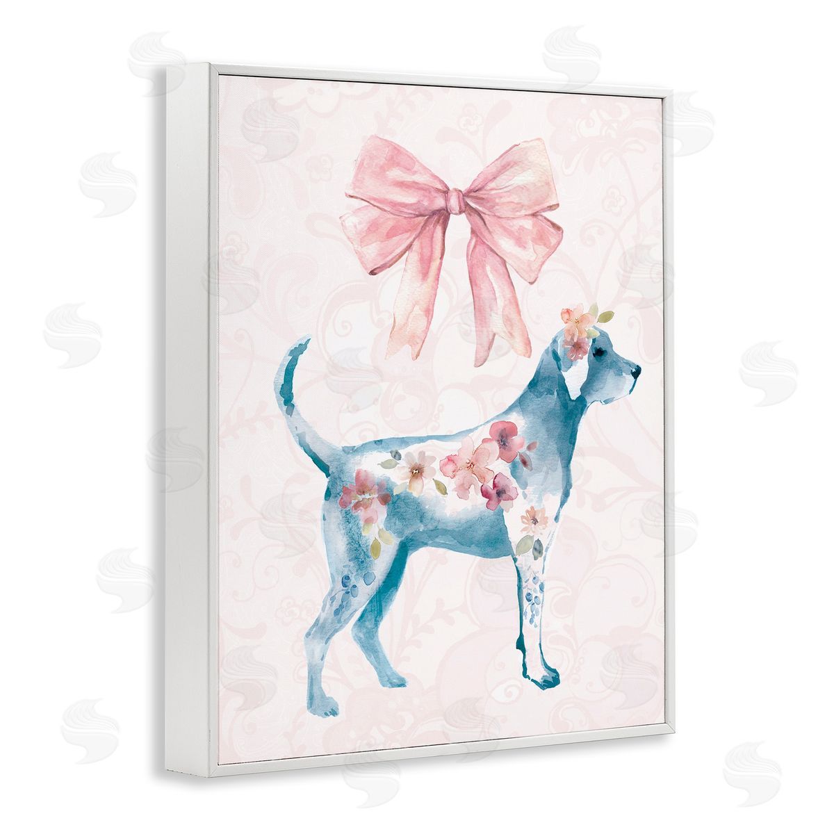 Floral Dog with Pink Ribbon White Frame Print Wall Art, Home Decor by Carol Robinson