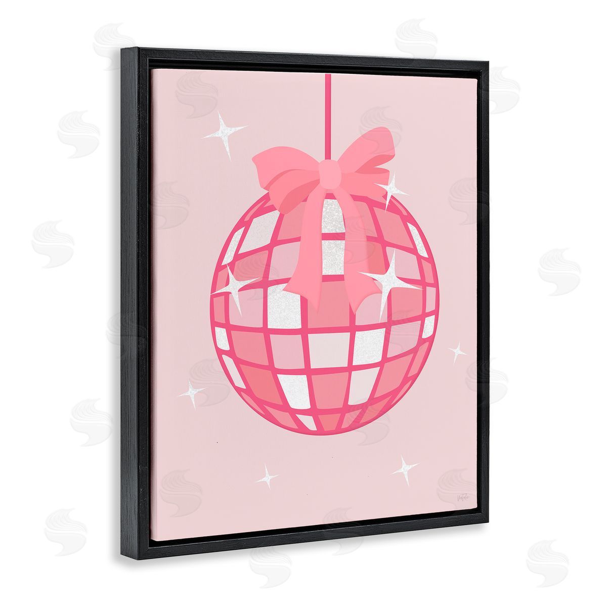 Pink Disco Ball with Ribbon Black Floating Frame Canvas Wall Art, Home Decor by Natalie Carpentieri