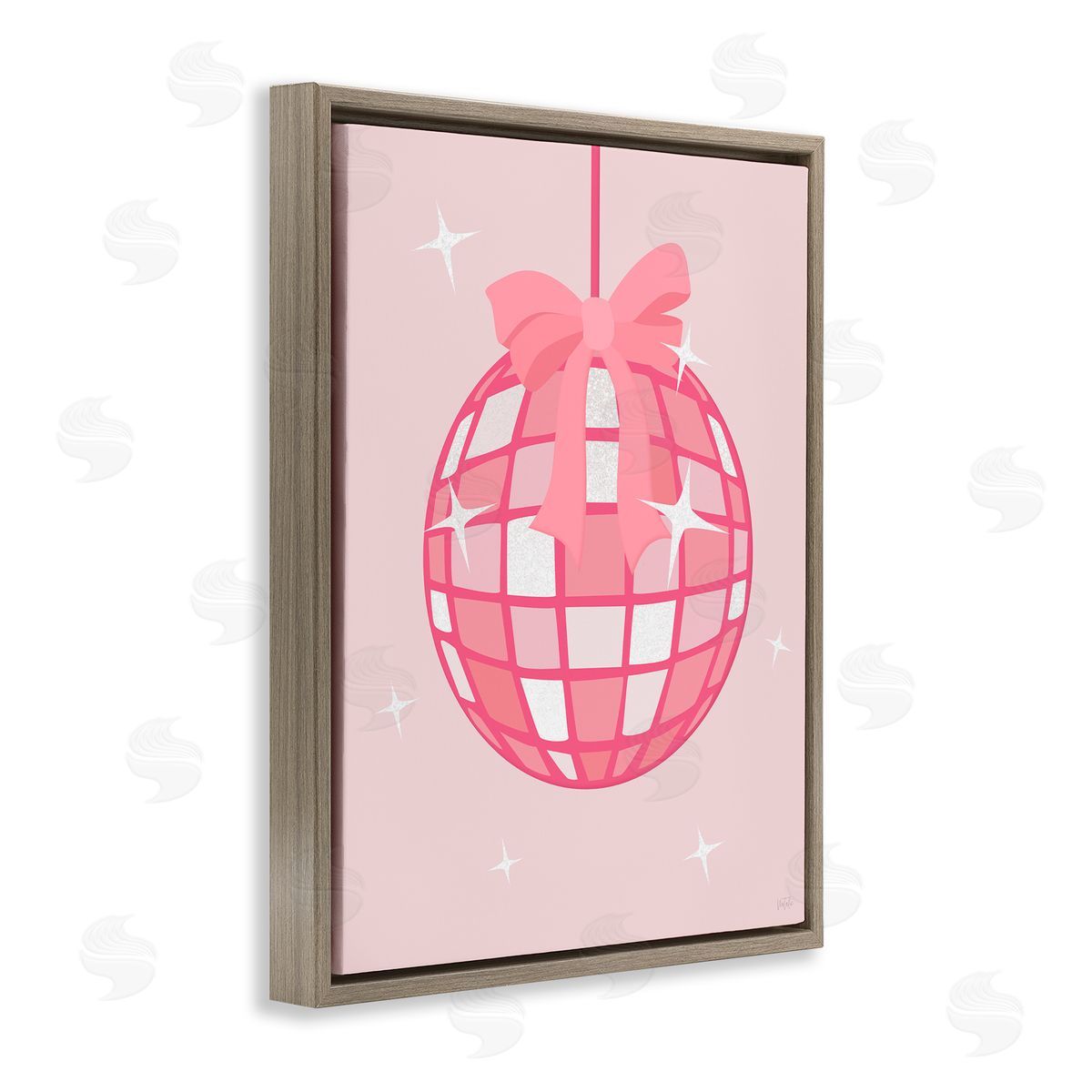 Pink Disco Ball with Ribbon Brown Floating Frame Canvas Wall Art, Home Decor by Natalie Carpentieri