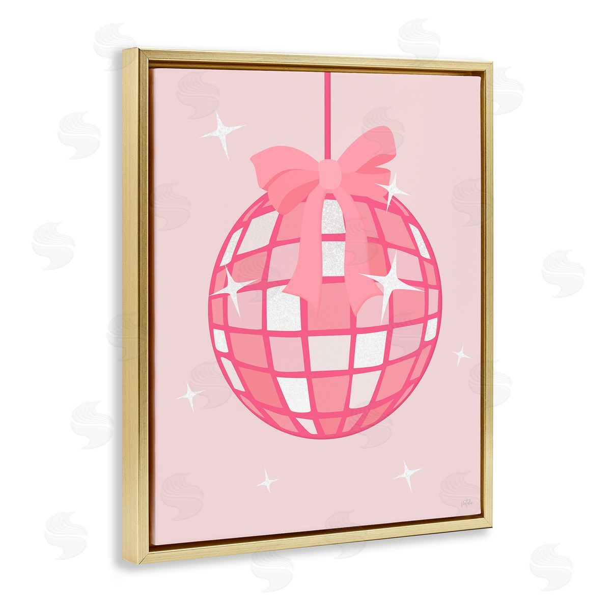 Pink Disco Ball with Ribbon Gold Floating Frame Canvas Wall Art, Home Decor by Natalie Carpentieri