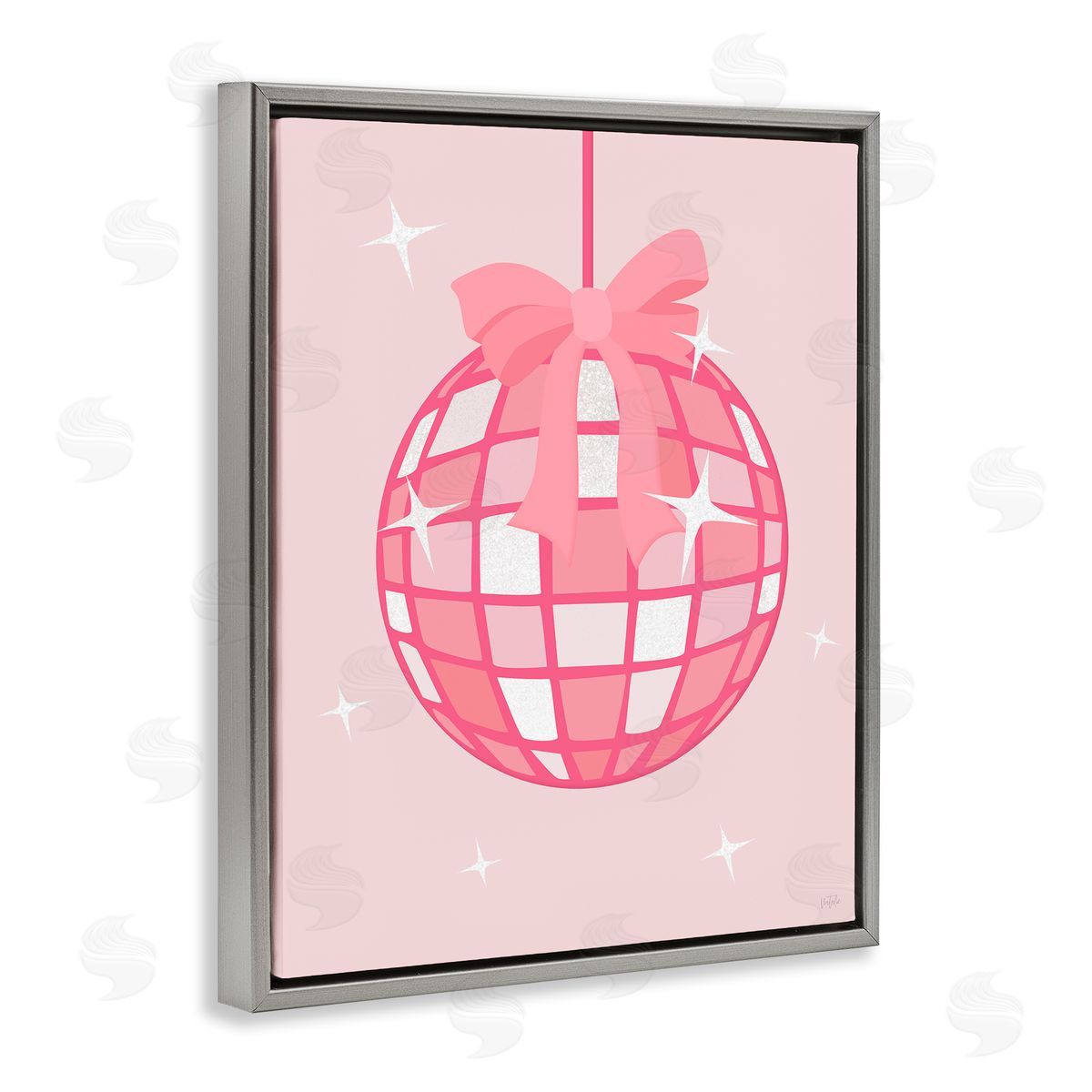 Pink Disco Ball with Ribbon Grey Floating Frame Canvas Wall Art, Home Decor by Natalie Carpentieri