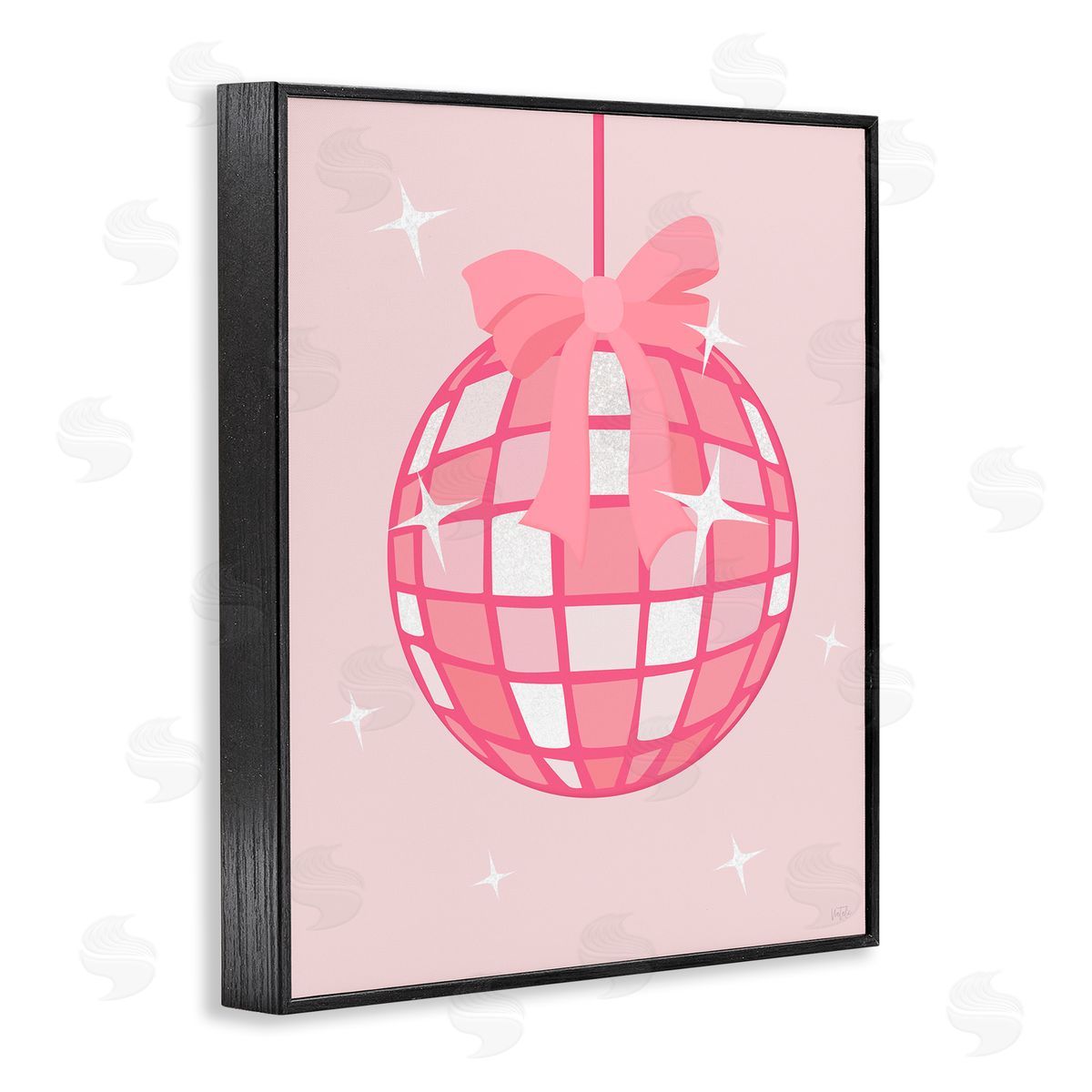 Pink Disco Ball with Ribbon Black Frame Print Wall Art, Home Decor by Natalie Carpentieri