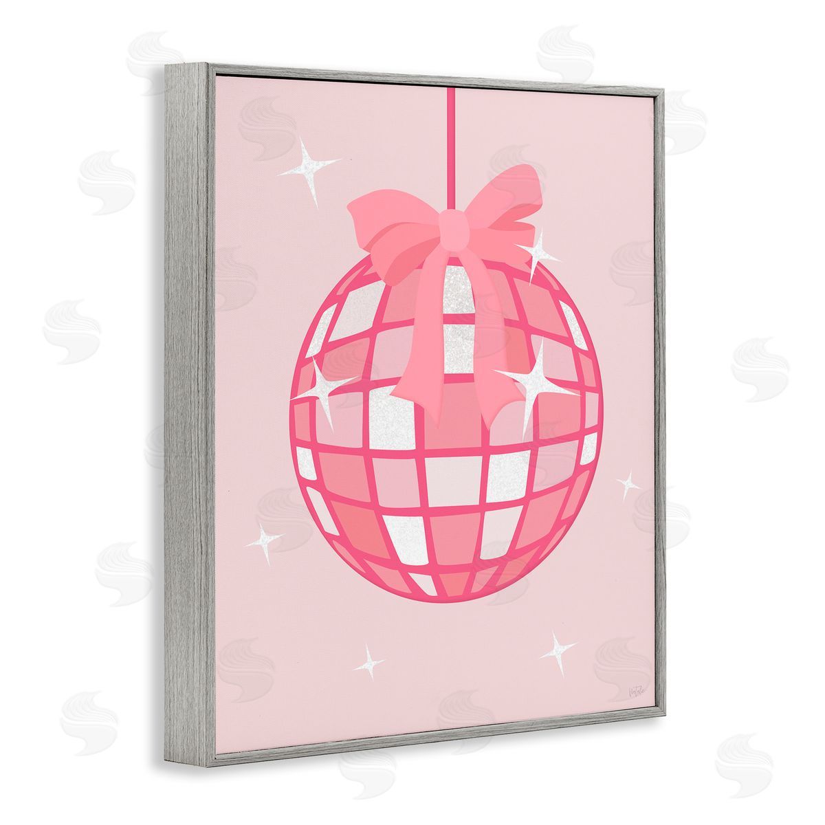Pink Disco Ball with Ribbon Grey Frame Print Wall Art, Home Decor by Natalie Carpentieri