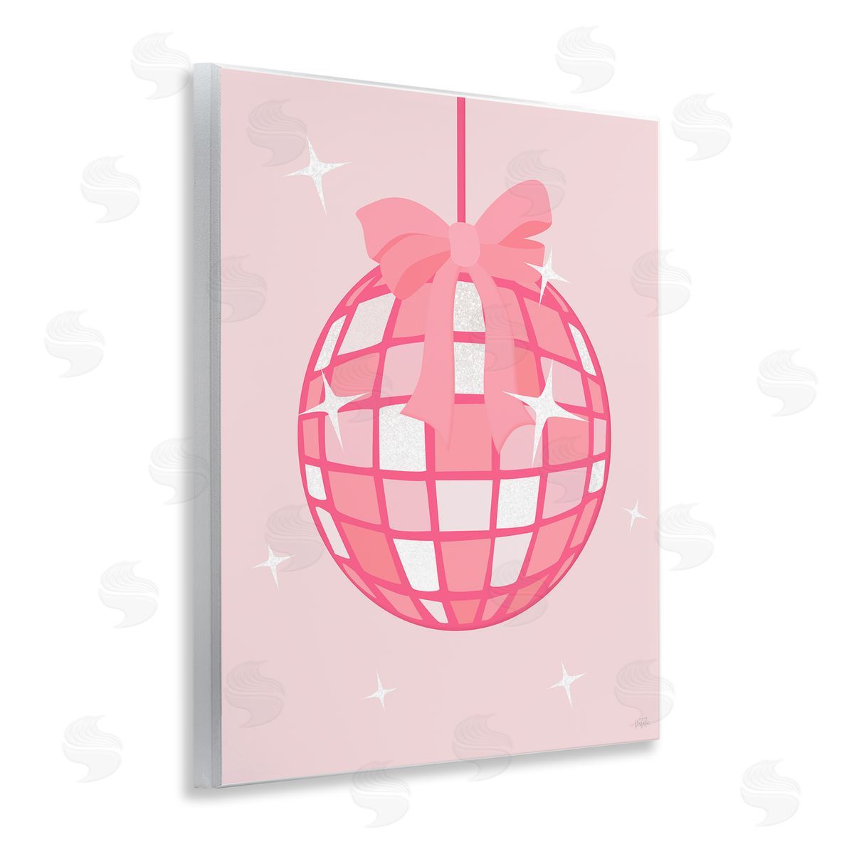 Pink Disco Ball with Ribbon Wood Plaque Wall Art, Home Decor by Natalie Carpentieri