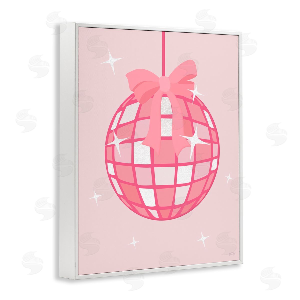 Pink Disco Ball with Ribbon White Frame Print Wall Art, Home Decor by Natalie Carpentieri