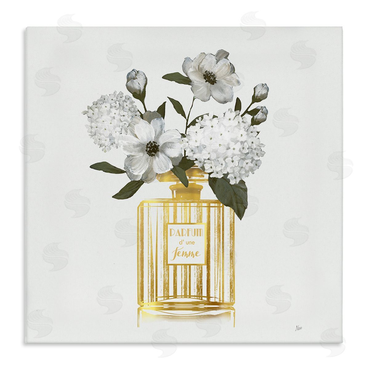 Gold Bottle with Flowers Canvas Wall Art, Home Decor by Nan