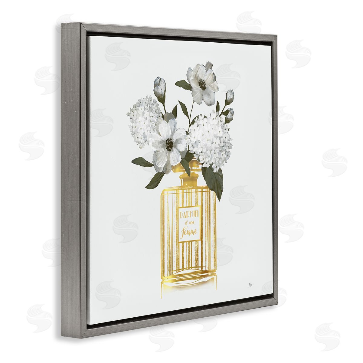 Gold Bottle with Flowers Grey Floating Frame Canvas Wall Art, Home Decor by Nan