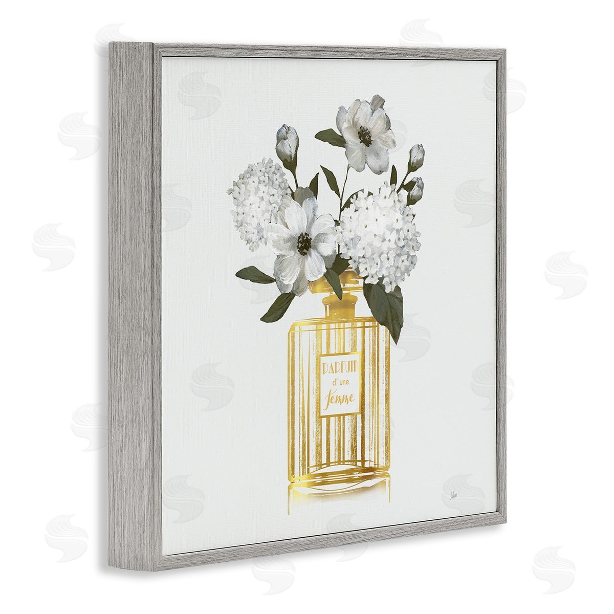 Gold Bottle with Flowers Grey Frame Print Wall Art, Home Decor by Nan