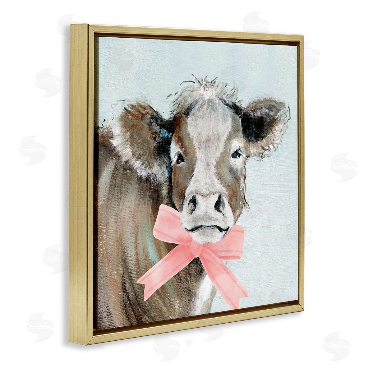 Cow with Pastel Ribbon Gold Floating Frame Canvas Wall Art, Home Decor by Janet Tava
