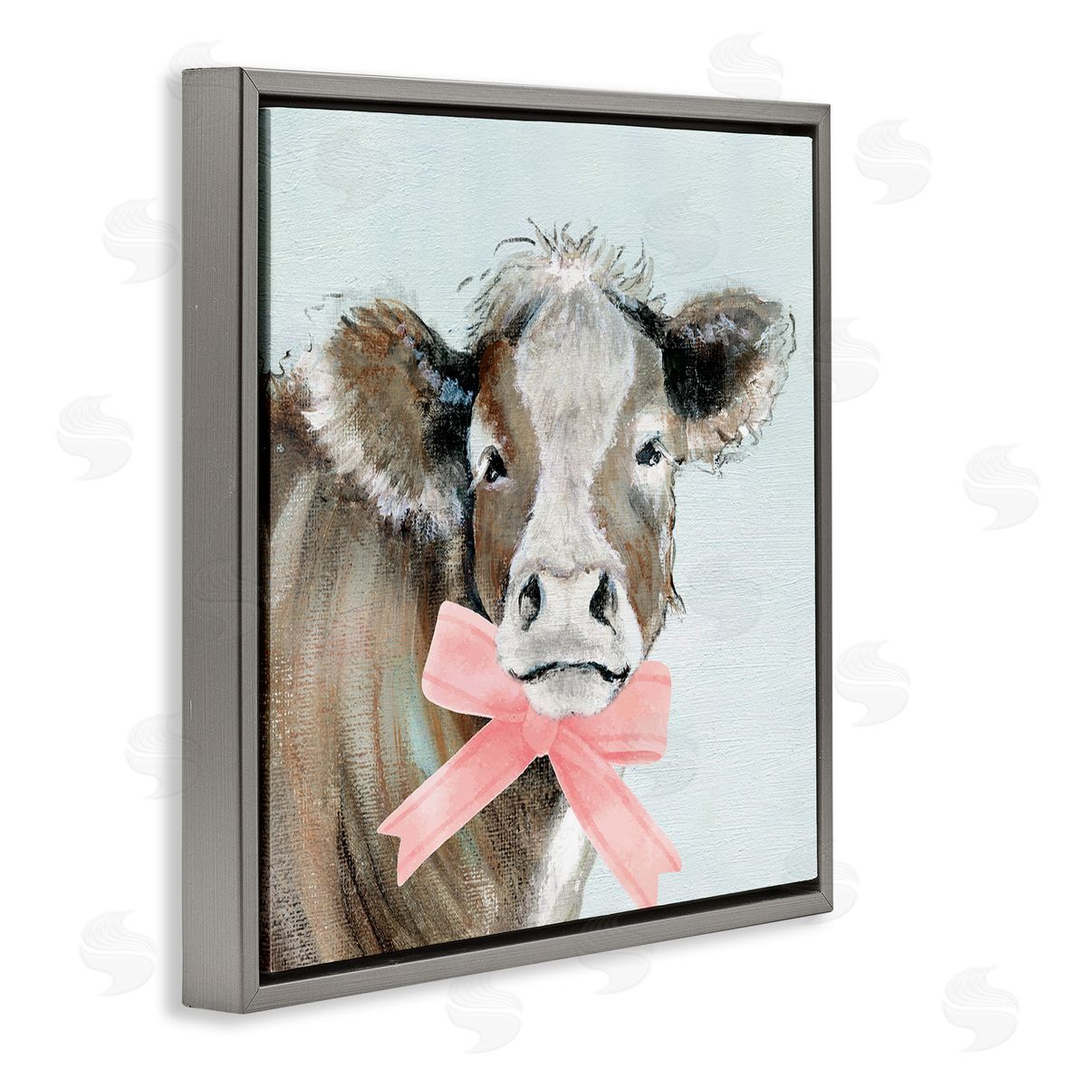 Cow with Pastel Ribbon Grey Floating Frame Canvas Wall Art, Home Decor by Janet Tava