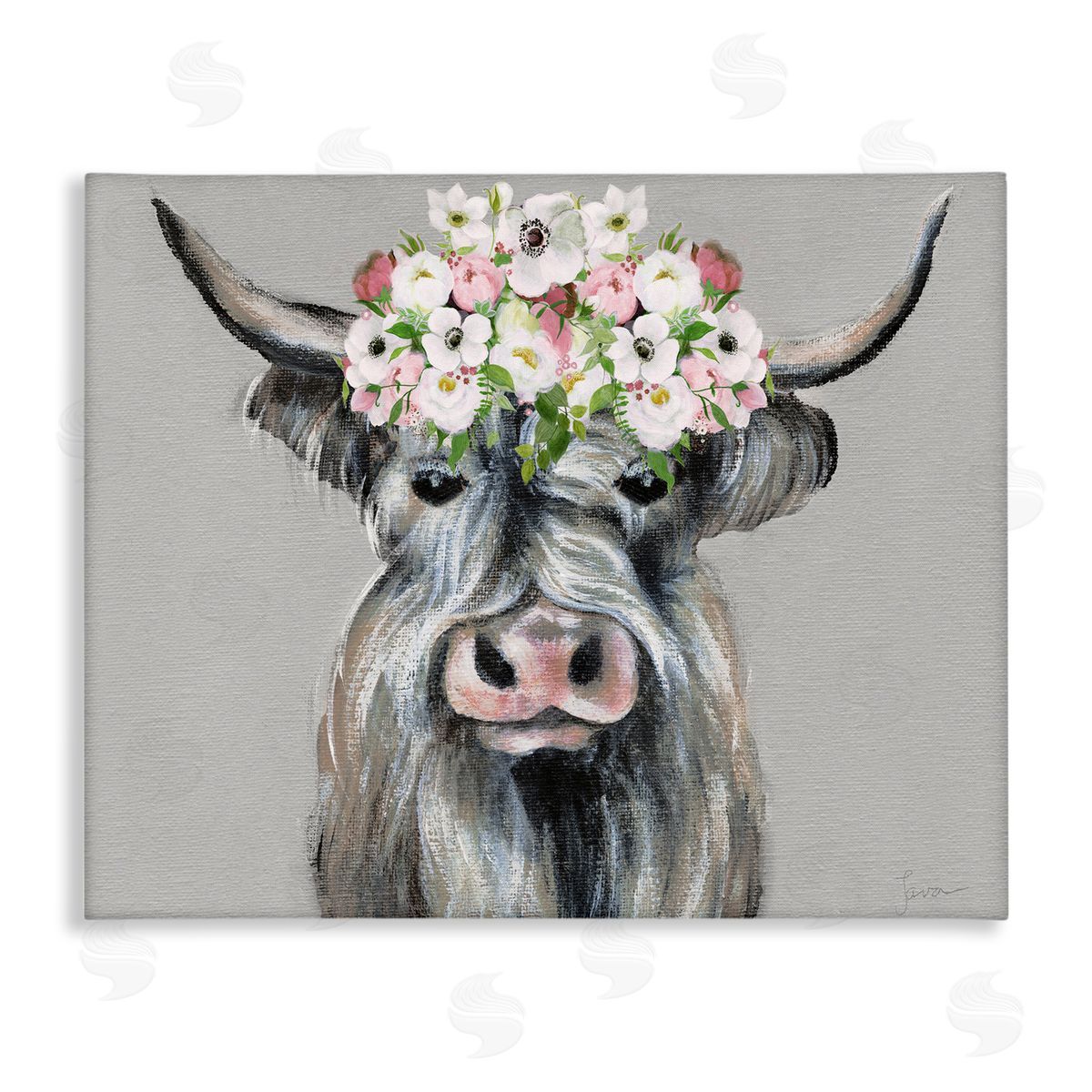 Shabby Chic Cattle with Garland Canvas Wall Art, Home Decor by Janet Tava