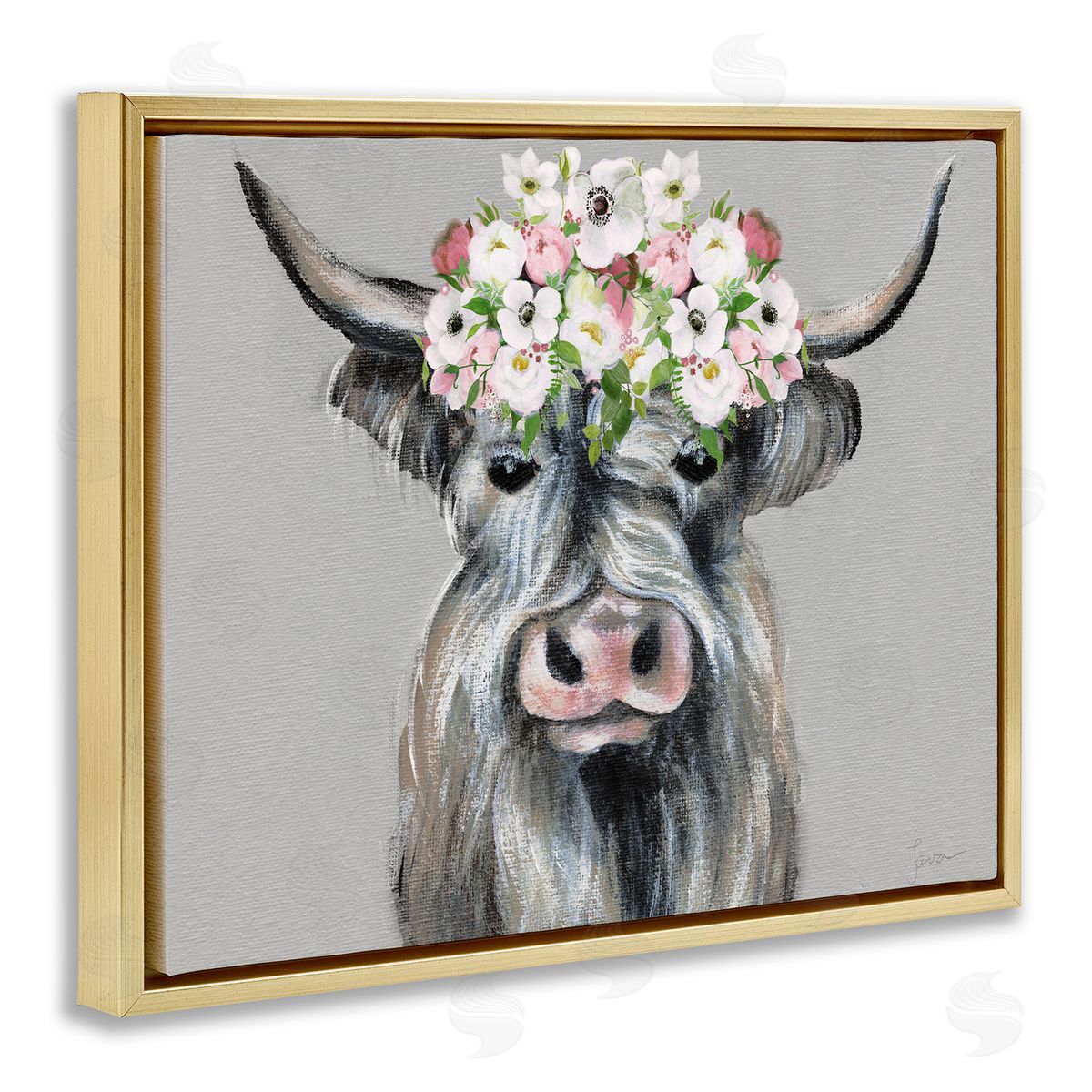 Shabby Chic Cattle with Garland Gold Floating Frame Canvas Wall Art, Home Decor by Janet Tava