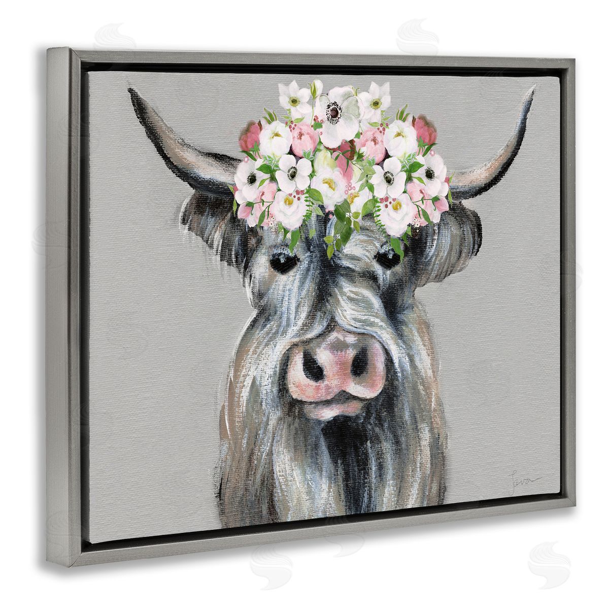 Shabby Chic Cattle with Garland Grey Floating Frame Canvas Wall Art, Home Decor by Janet Tava