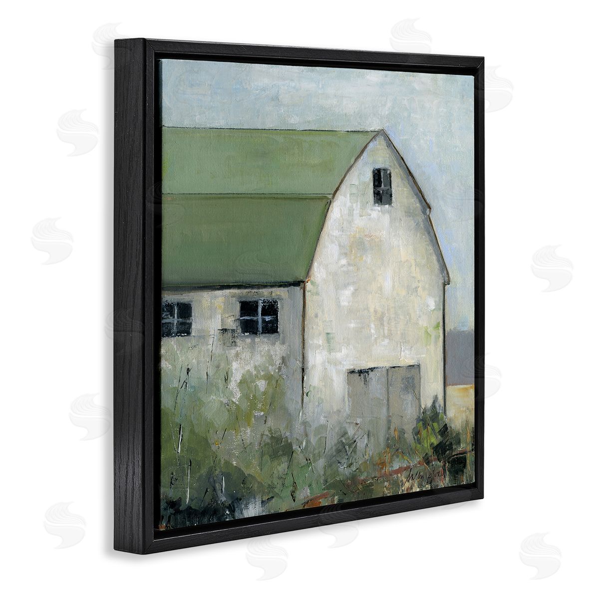 Barn View with Green Roof Black Floating Frame Canvas Wall Art, Home Decor by Sally Swatland